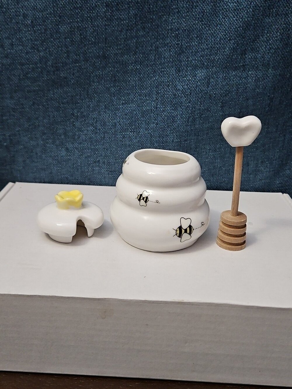 Mini Ceramic Beehive Honey Pot with Wooden Dipper | 3" Bee Theme Kitchen Decor - Picture 9 of 16
